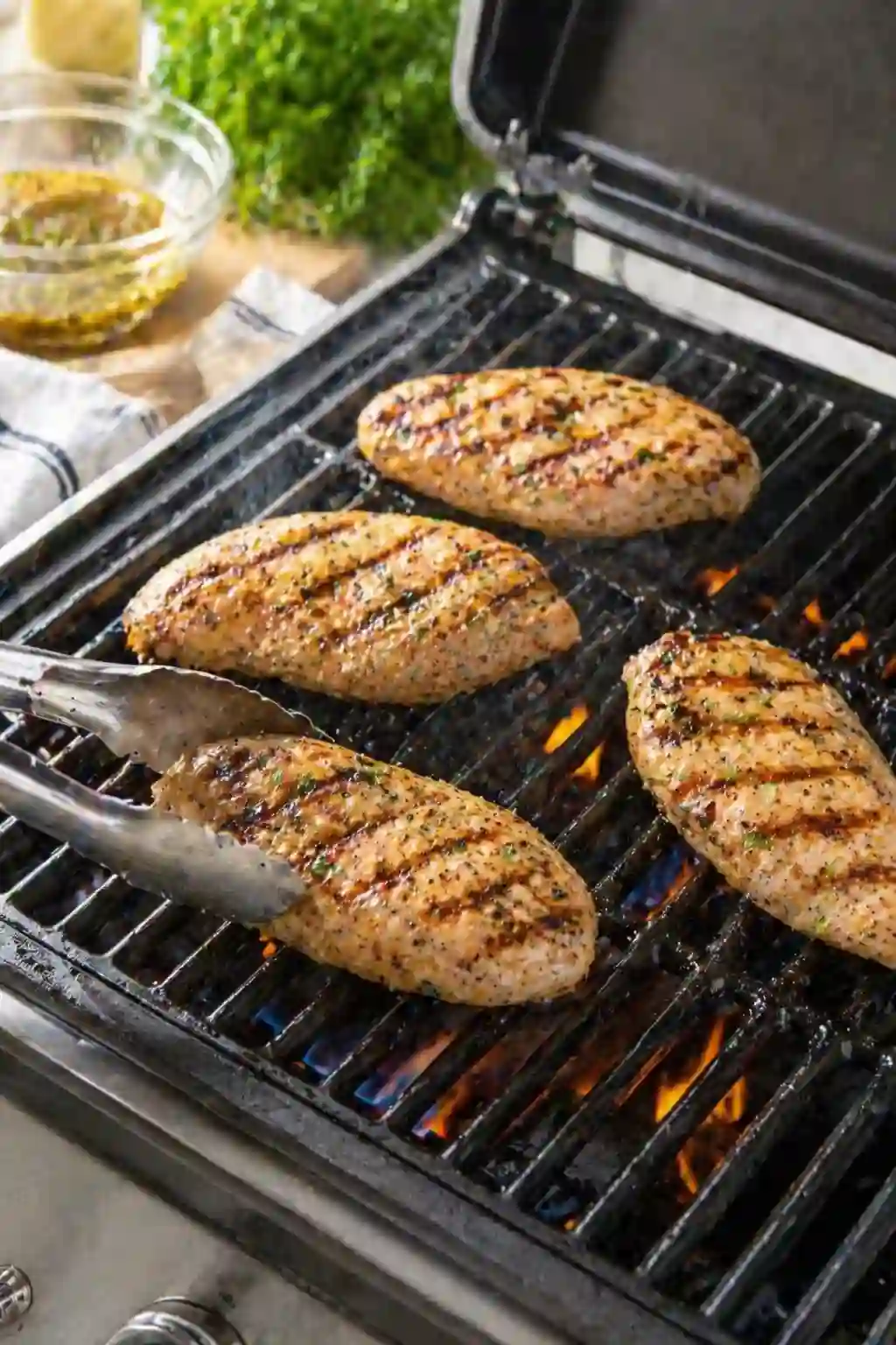 Chicken breast grilling on high heat with visible grill marks on a barbecue