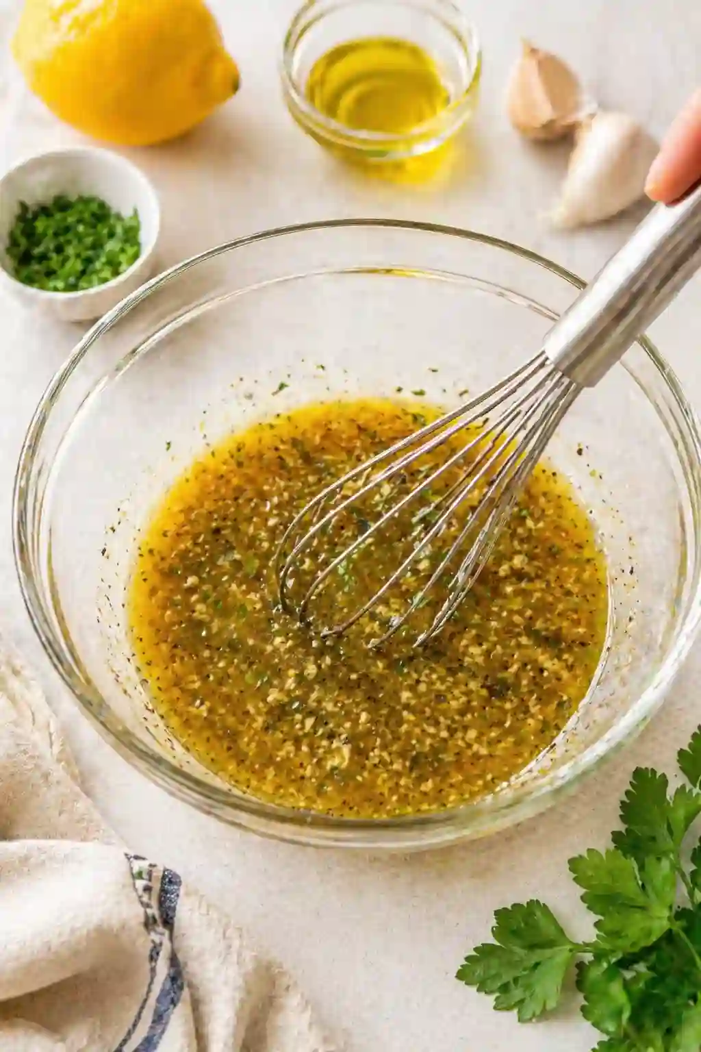 Mixing grilled chicken marinade in a glass bowl with lemon, garlic, and herbs