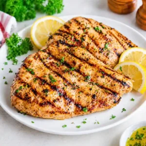 Juicy grilled chicken recipes served on a white plate with lemon slices and herbs