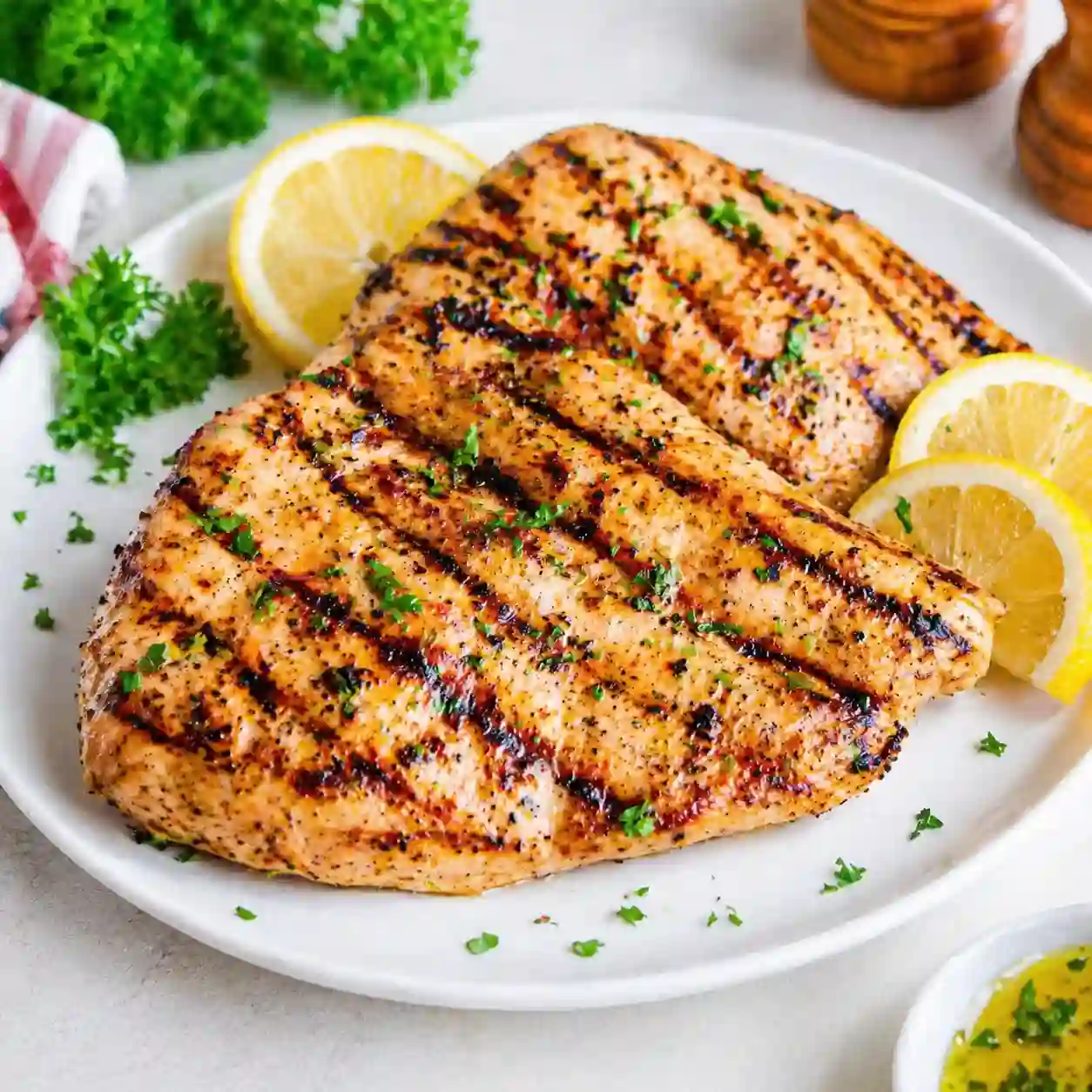 Juicy grilled chicken recipes served on a white plate with lemon slices and herbs