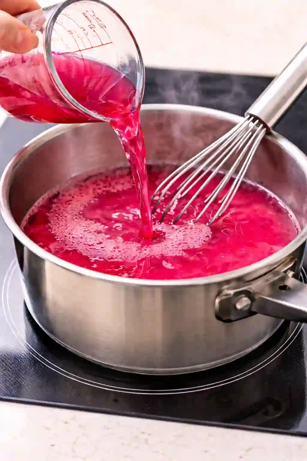 Heating liquid in a saucepan for pink gelatin recipe before adding gelatin mixture