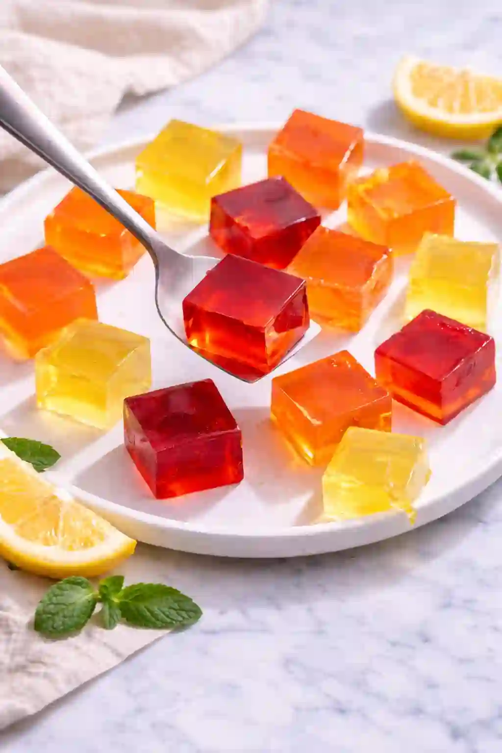 Alt Text: colorful gelatin cubes red orange yellow served on white plate