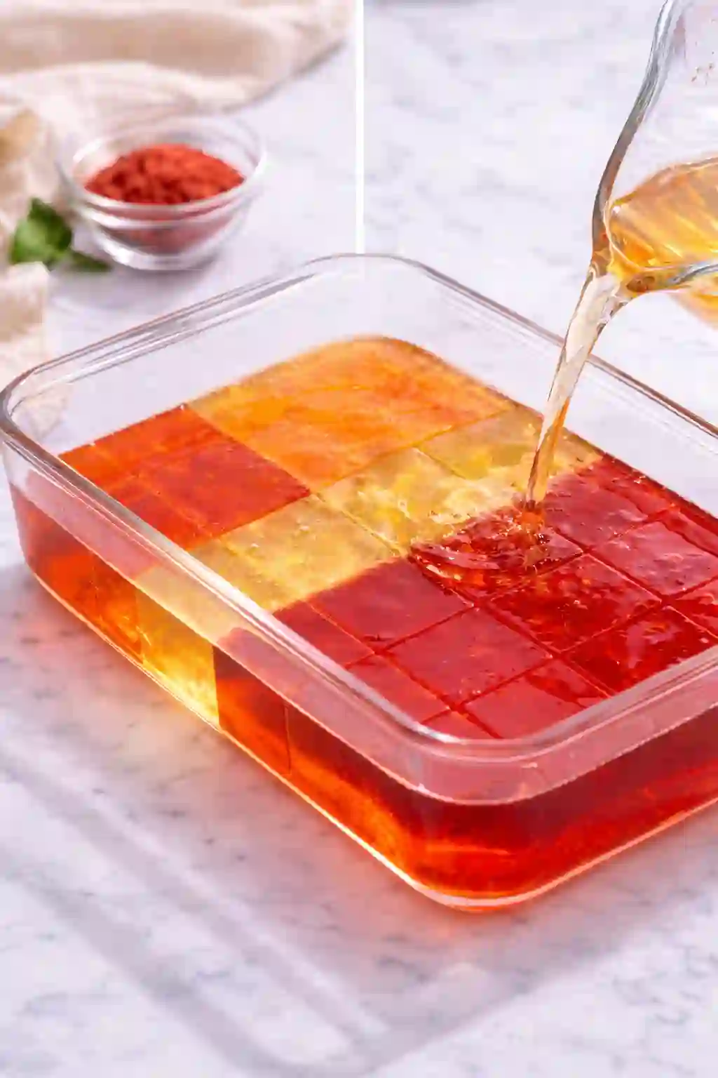 pouring gelatin mixture into dish with red orange and yellow layers