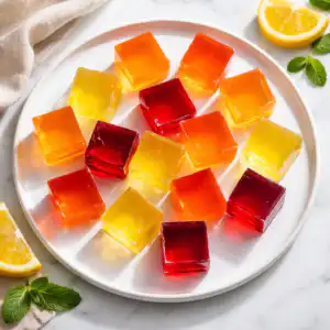 Knox unflavored gelatin gluten free cubes on a white plate with colorful fruit flavors