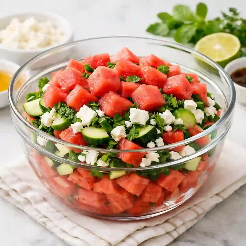 Layering watermelon salad with cucumber, feta, and fresh herbs in a glass bowl to keep ingredients evenly distributed
