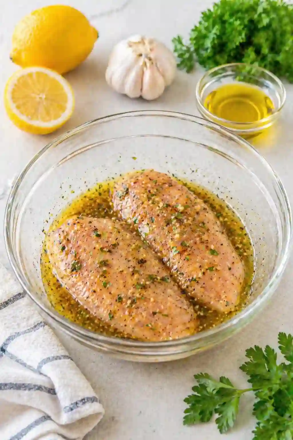 Chicken breasts marinating in a glass bowl with lemon, garlic, and herbs