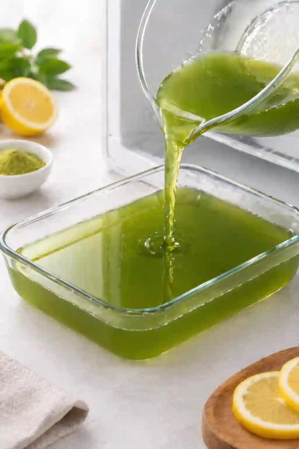 Pouring green tea gelatin mixture into a glass dish before chilling for weight loss recipe