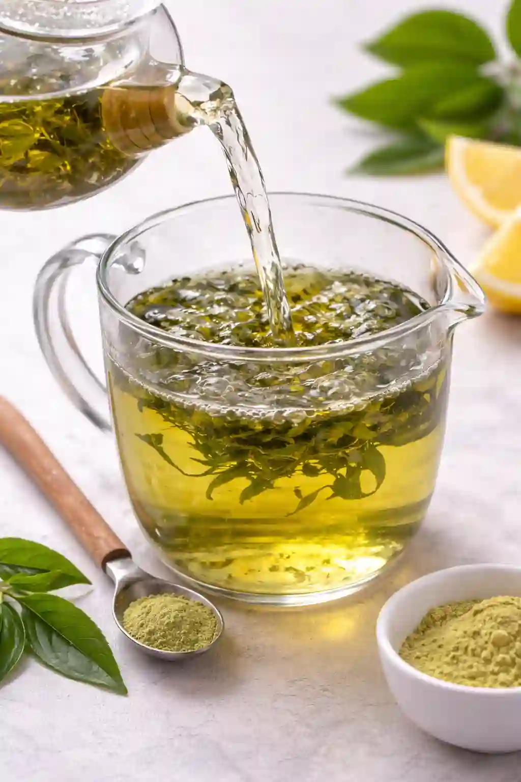 Hot water poured over green tea leaves in a glass cup for green tea gelatin recipe for weight loss