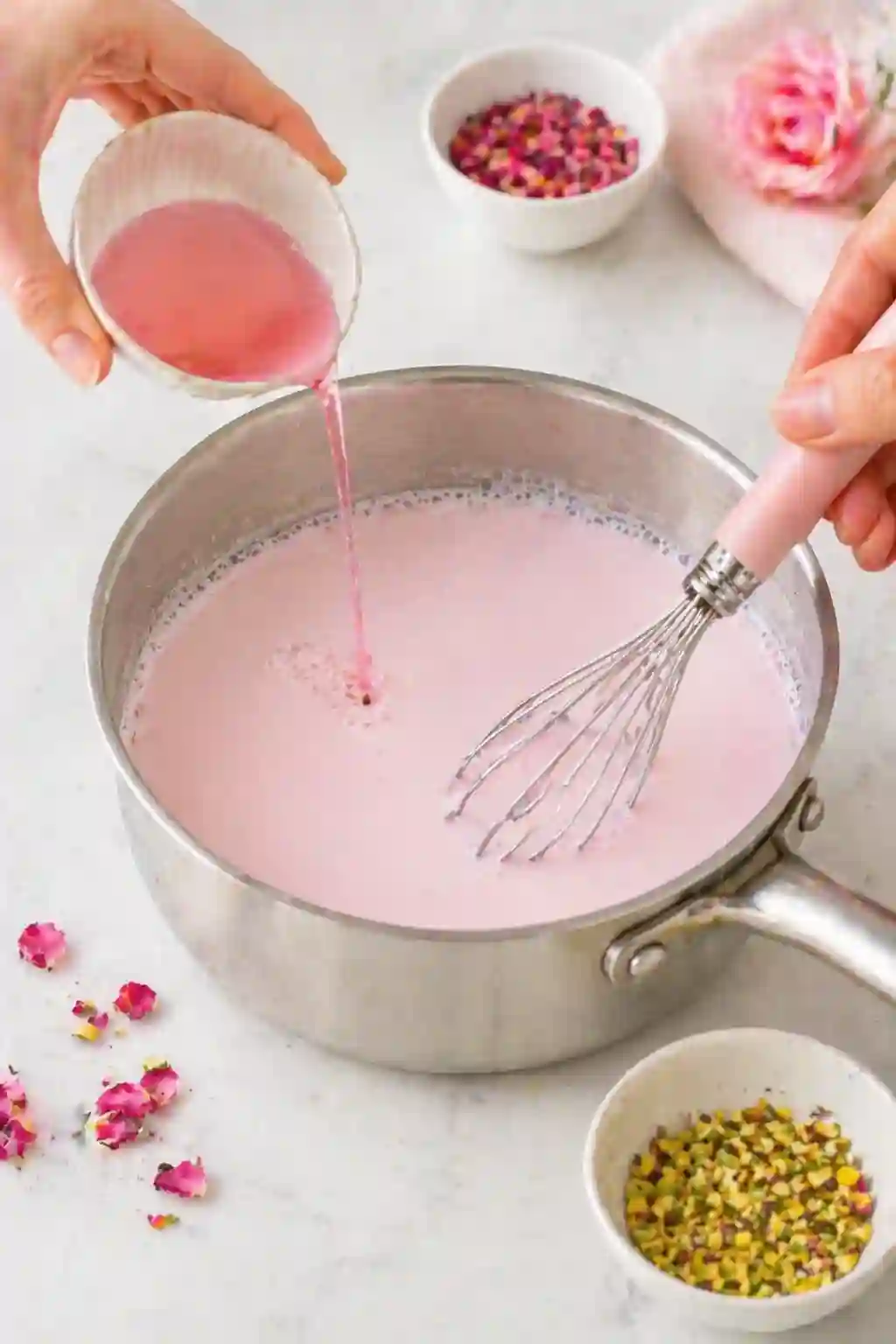 Adding rose syrup to warm milk mixture for rose milk gelatin recipe