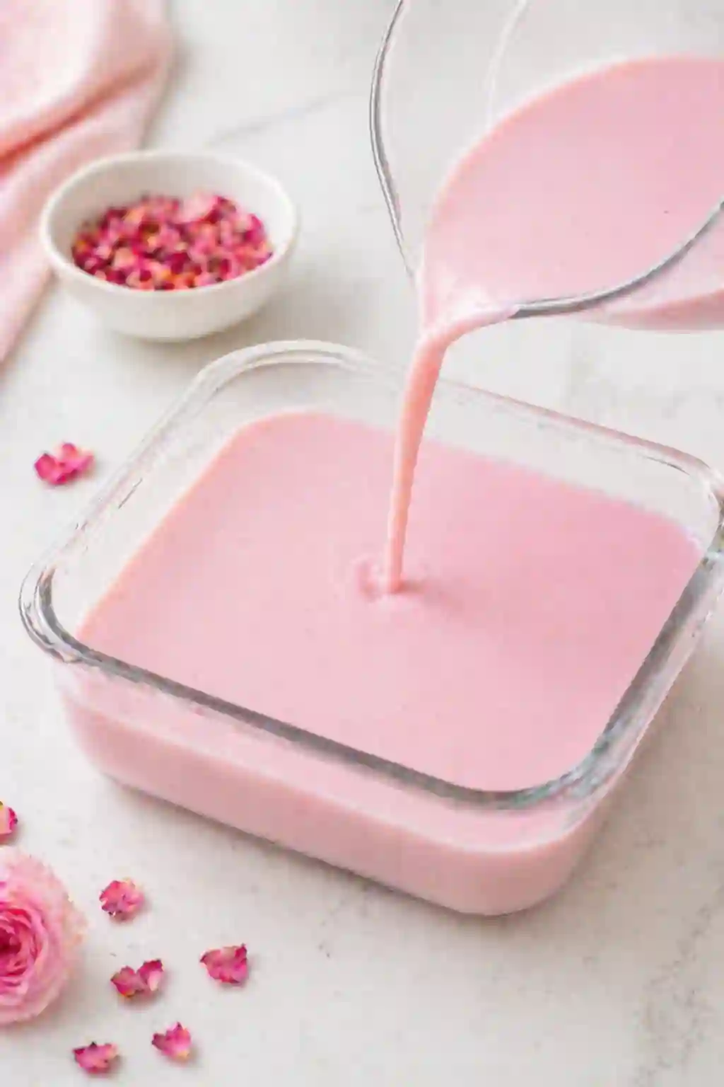 Pouring rose milk gelatin mixture into a dish before chilling
