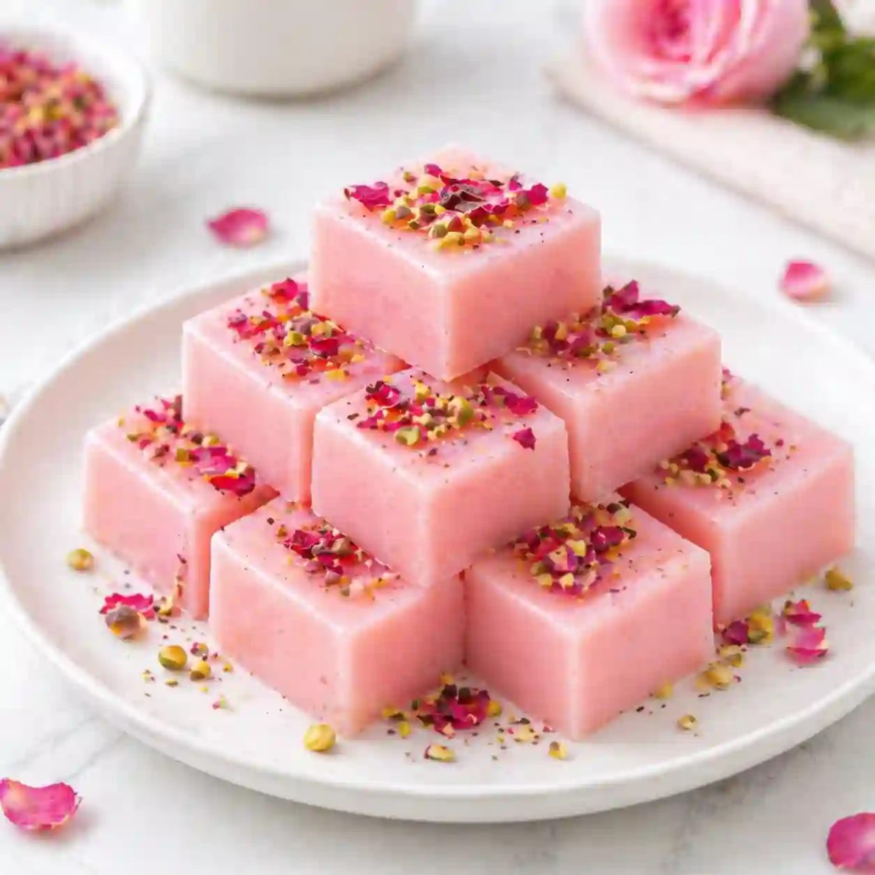 Rose milk gelatin cubes on a white plate with pistachios and rose petals