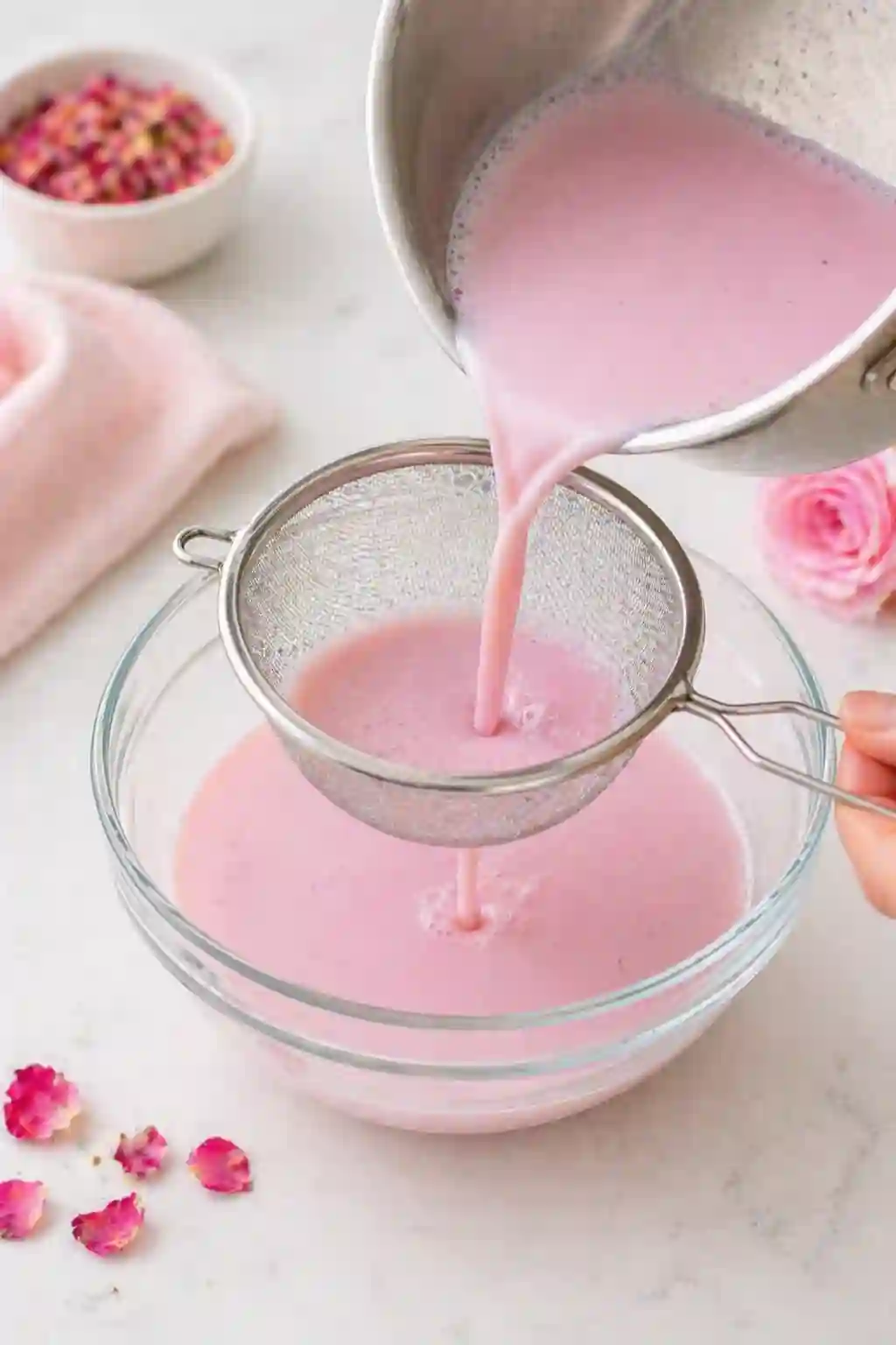 Adding rose syrup to warm milk mixture for rose milk gelatin recipe