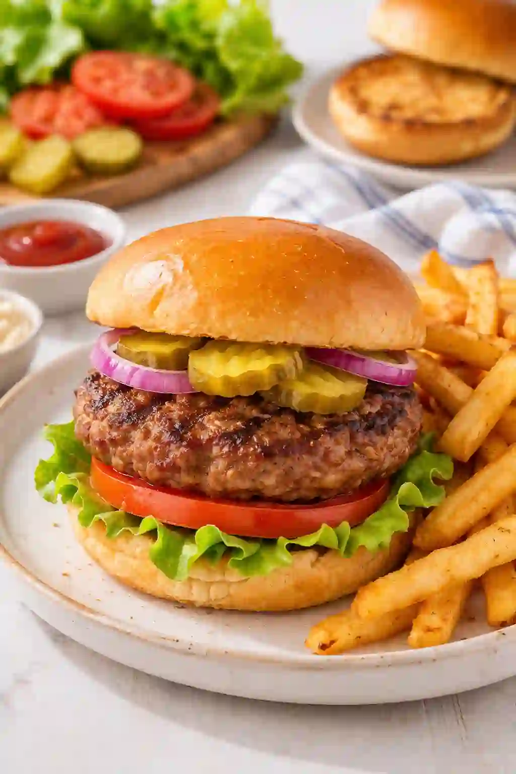 juicy grilled burger served on plate with lettuce tomato pickles and fries