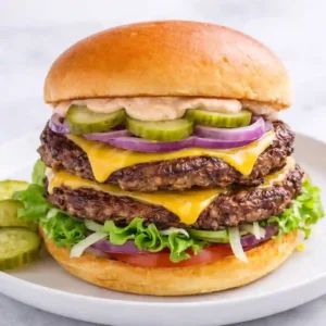 Smash burger recipe double cheeseburger on a white plate with fresh toppings