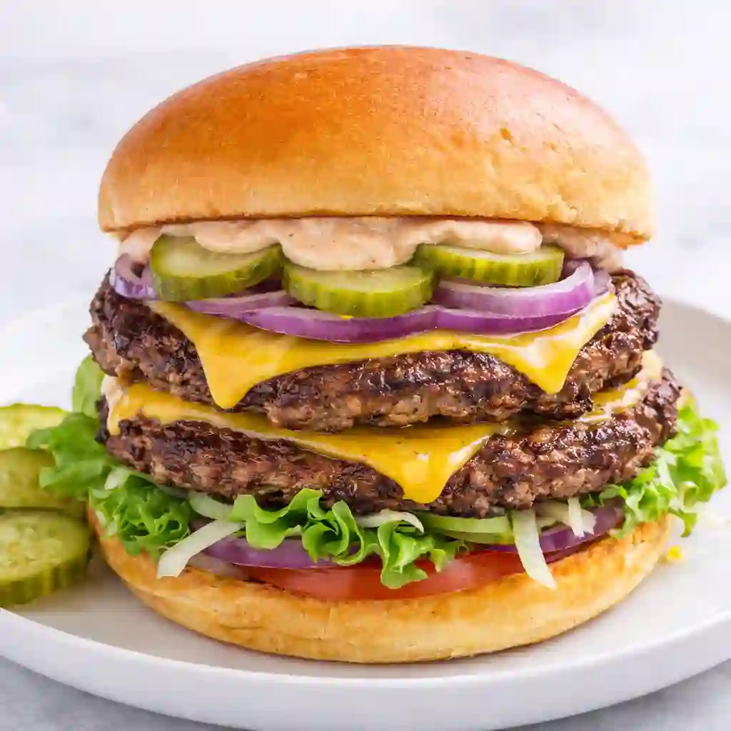Smash burger recipe double cheeseburger on a white plate with fresh toppings