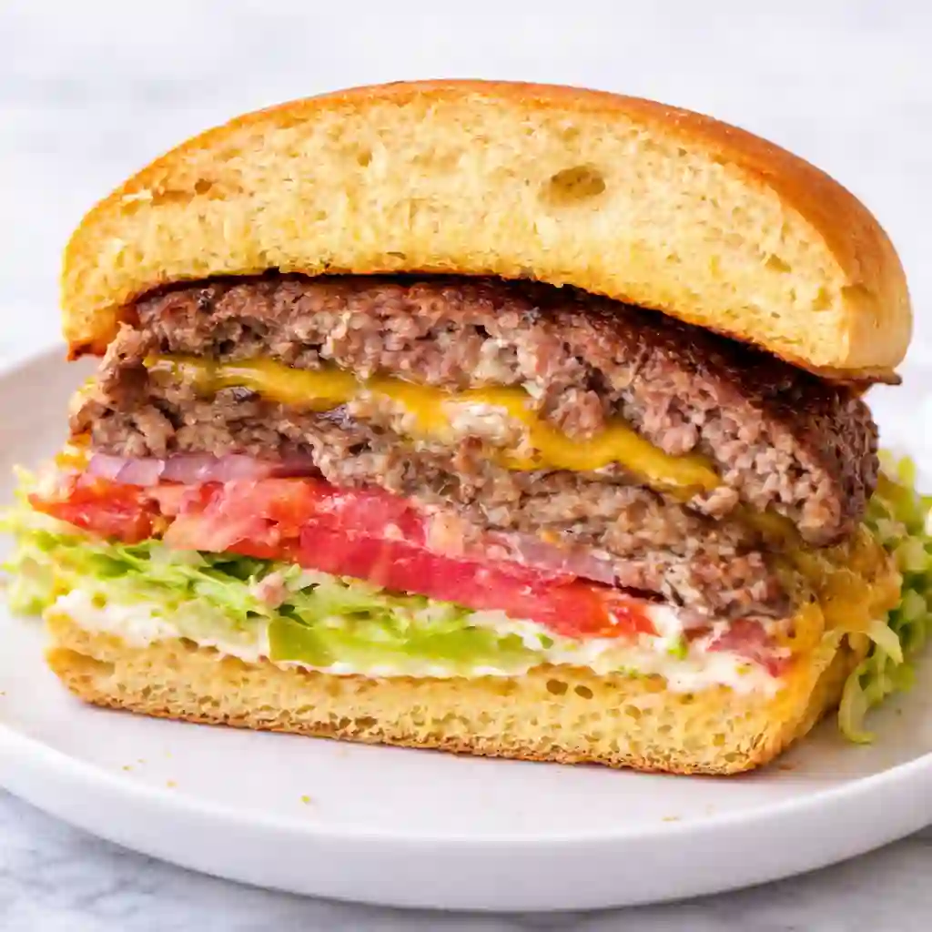 Smash burger recipe double cheeseburger served on a white plate with fresh toppings