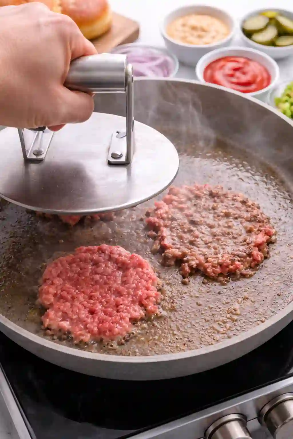 Smashing ground beef patties on a hot skillet for smash burger recipe