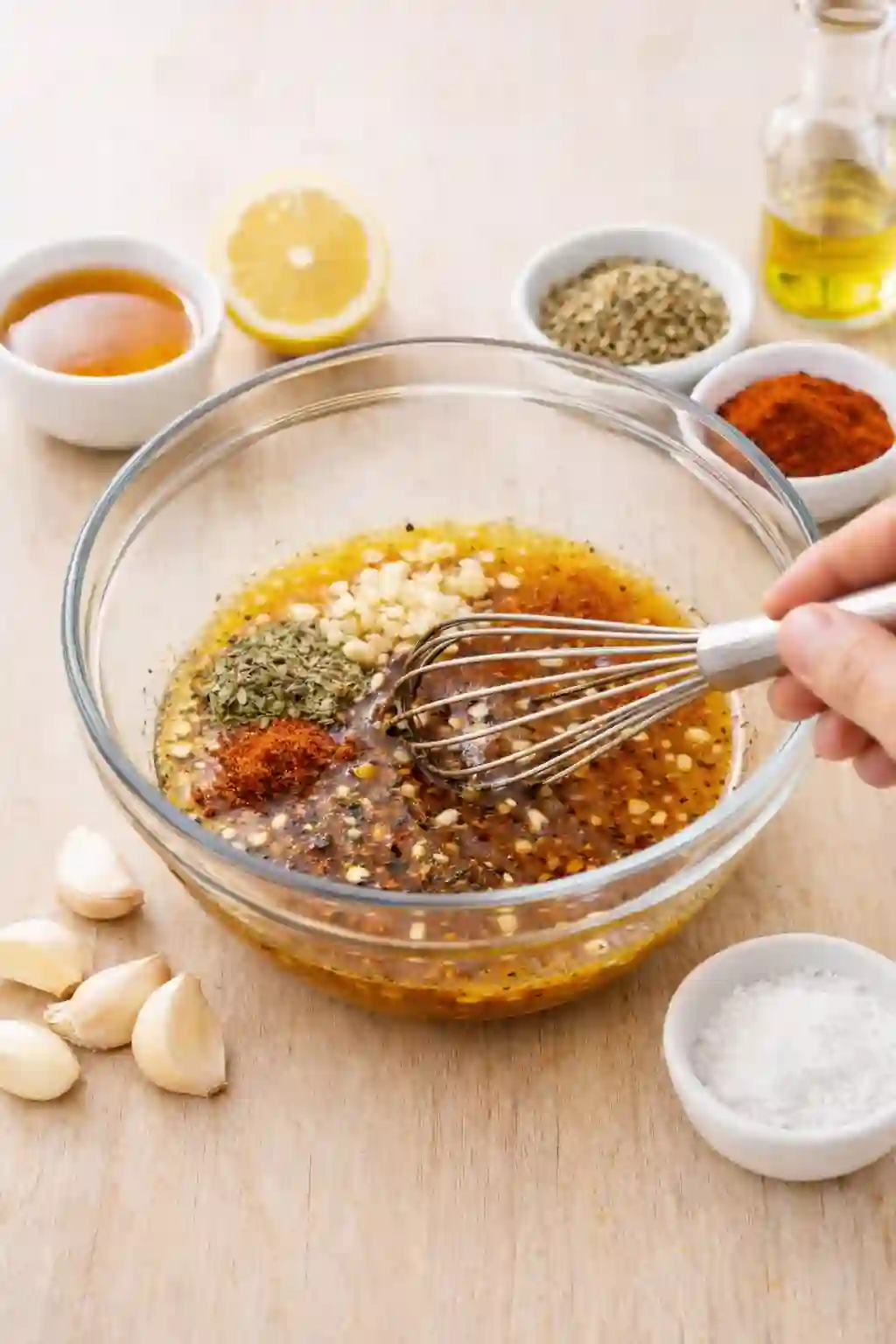 Mixing chicken marinade in a glass bowl with whisk, olive oil, garlic, herbs, lemon, and spices on a bright surface.