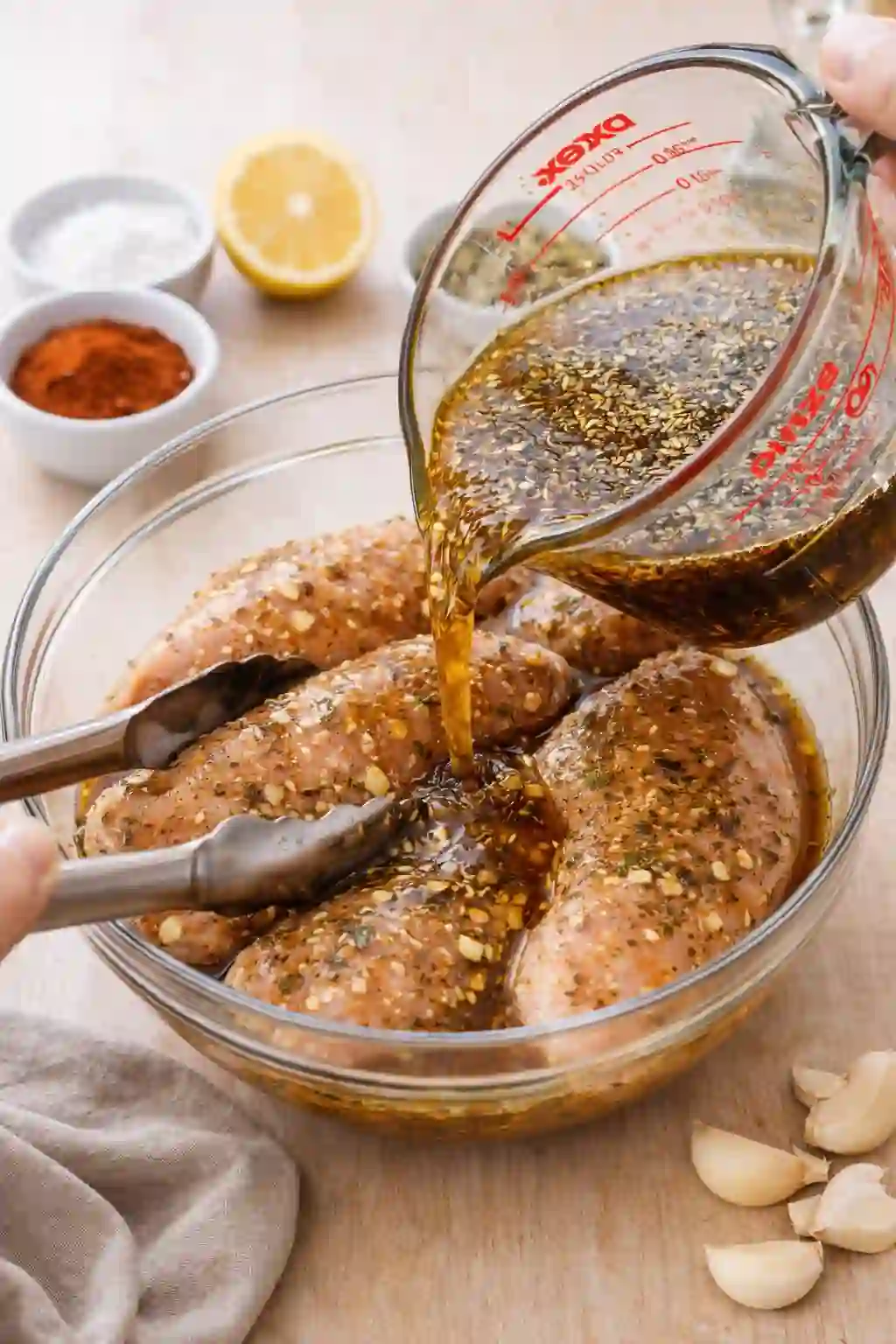Pouring marinade from a glass measuring cup over raw chicken in a bowl with garlic, lemon, and spices on a bright surface.