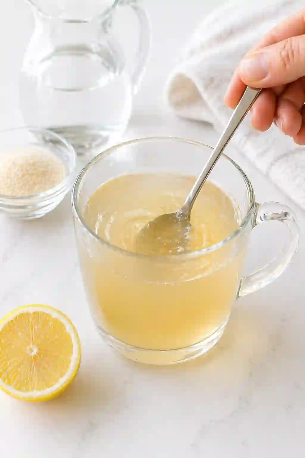 Stirring gelatin mixture in glass cup until smooth and clear