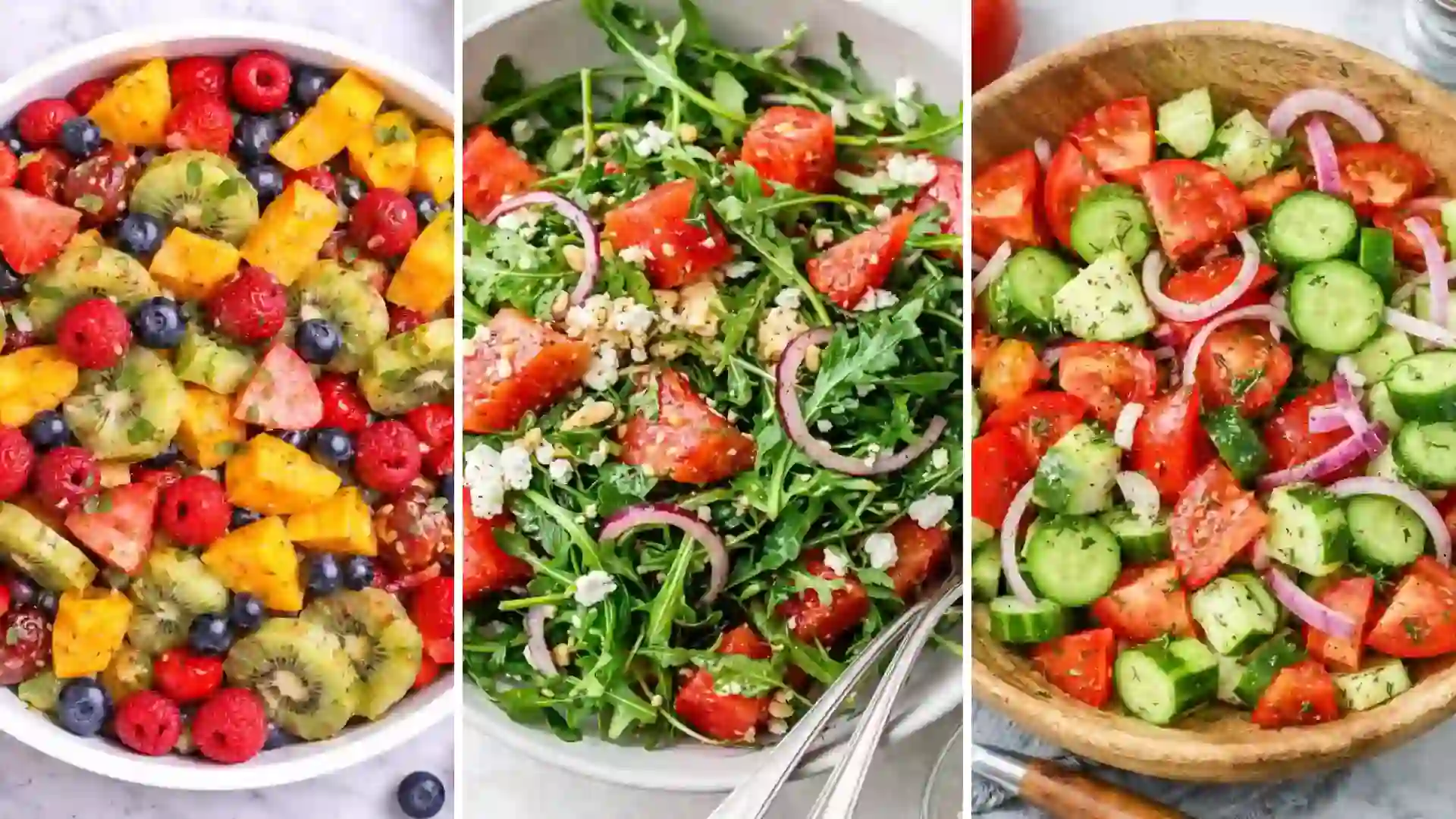 Summer salads recipes featuring fruit salad, watermelon arugula salad, and cucumber tomato salad in fresh colorful bowls
