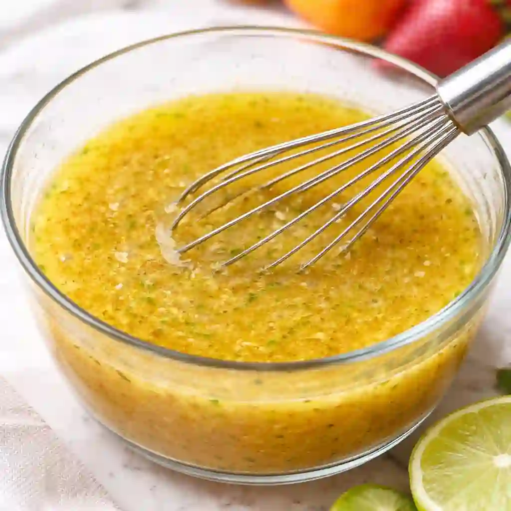 tropical-fruit-salad-dressing-glass-bowl._compressed (1) Honey lime ginger dressing in a clear glass bowl being whisked for tropical fruit salad