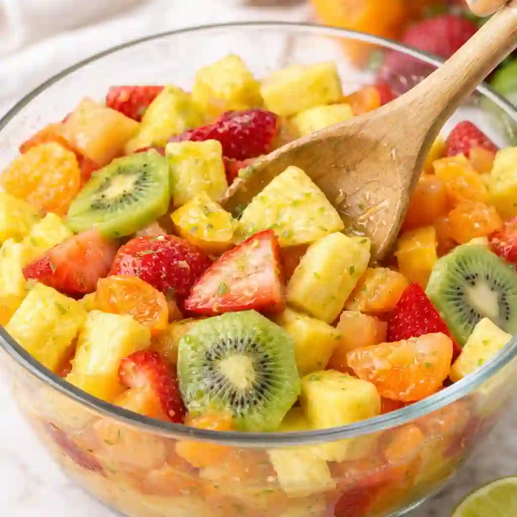 tropical-fruit-salad-mixing-step-5._compressed Mixing tropical fruit salad in a glass bowl with honey lime dressing and fresh fruit