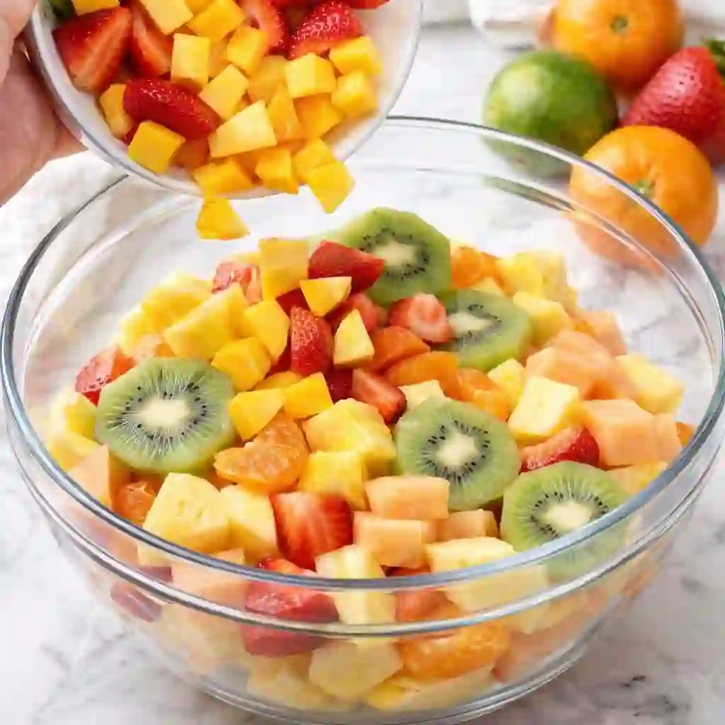 tropical-fruit-salad-step-3-add-to-bowl._compressed (1) Adding chopped tropical fruits into a large glass bowl for tropical fruit salad recipe