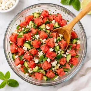 Overhead view of tossed watermelon salad with cucumber, feta, and herbs in a glass bowl with a wooden spoon