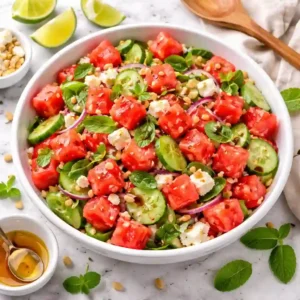 Watermelon Salads Recipes Easy Fresh Ideas 2026 1 Fresh watermelon salad recipe with feta cheese, cucumber, mint, and lime dressing served in a white bowl