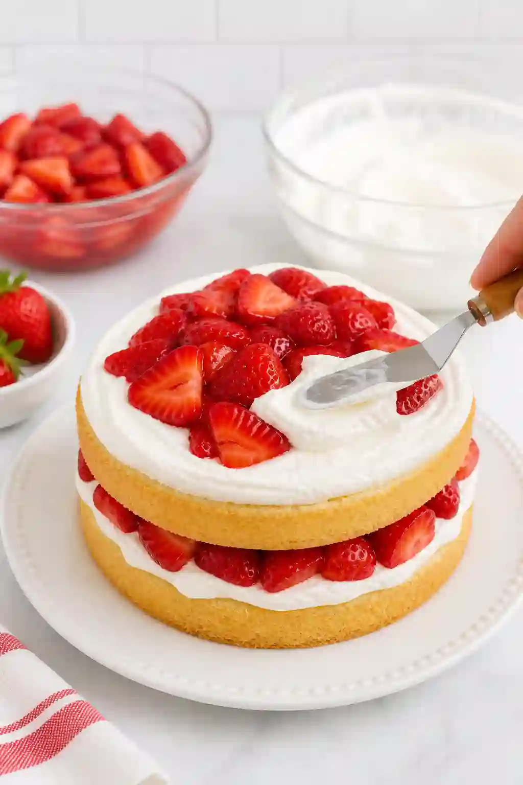 Layering strawberry shortcake with whipped cream and fresh strawberries on a white plate
