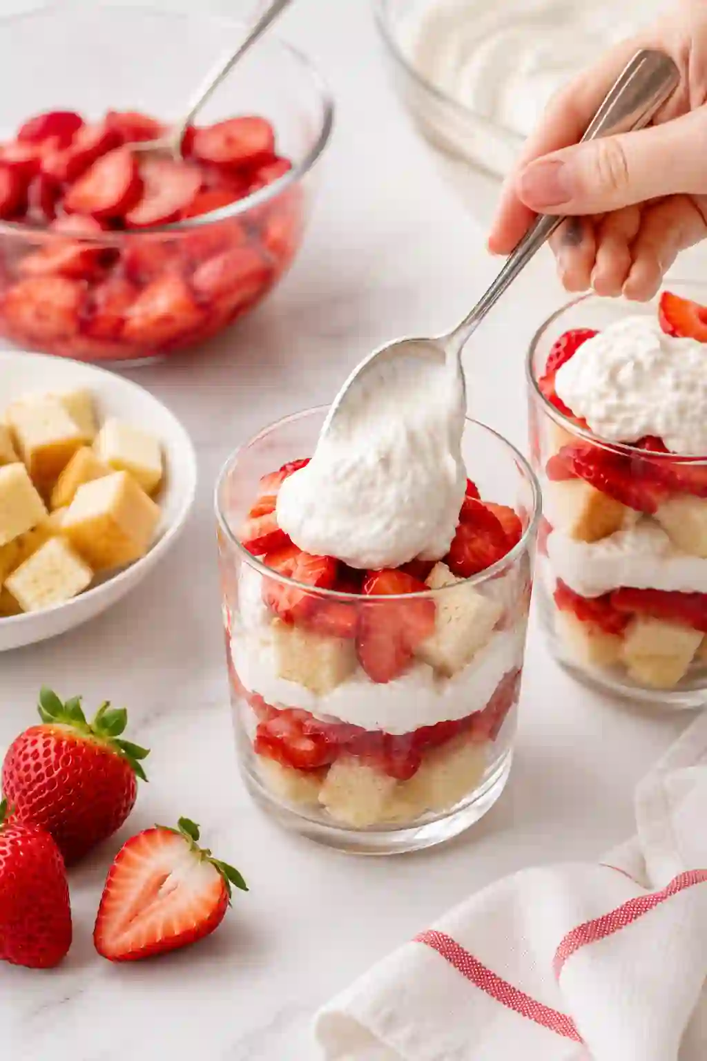 Hand adding whipped cream to strawberry shortcake parfaits layered with pound cake and fresh strawberries in clear dessert glasses