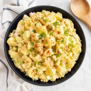 Creamy potato salad in a black bowl topped with paprika and green onions for BBQ side dishes recipes