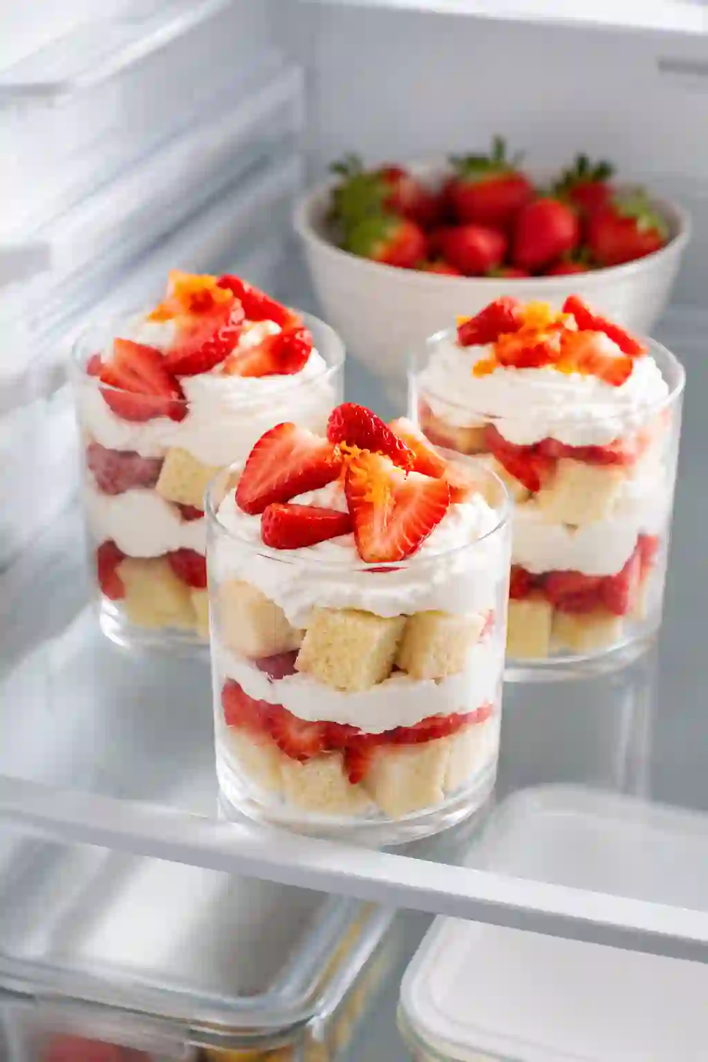 Strawberry shortcake parfaits chilling inside a refrigerator with layers of whipped cream, strawberries, and pound cake in clear glasses