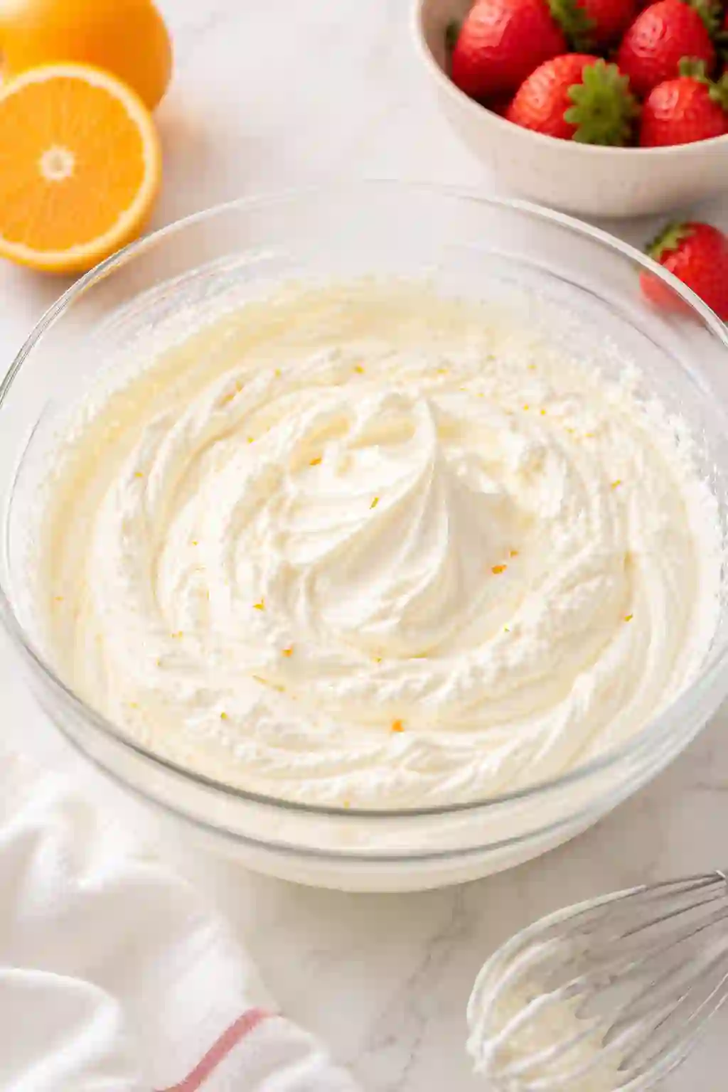 Fluffy citrus whipped cream in a glass mixing bowl with orange zest, fresh strawberries, and oranges on a bright marble surface