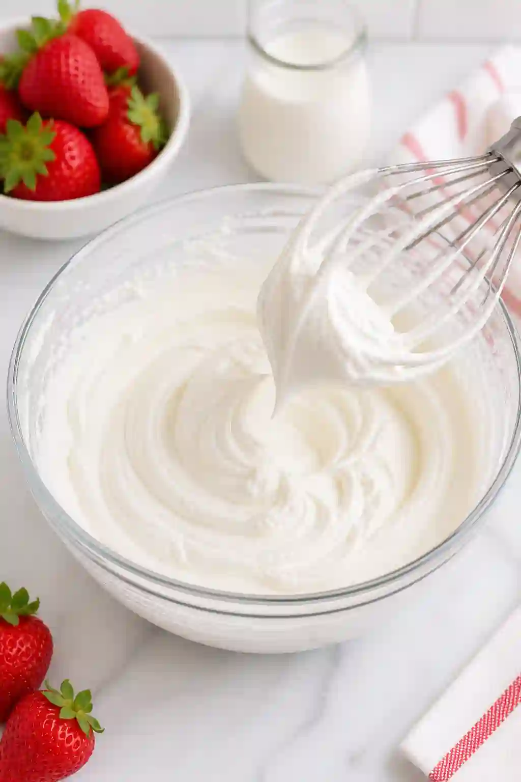 Whipped cream with stiff peaks in a glass bowl being mixed for strawberry shortcake