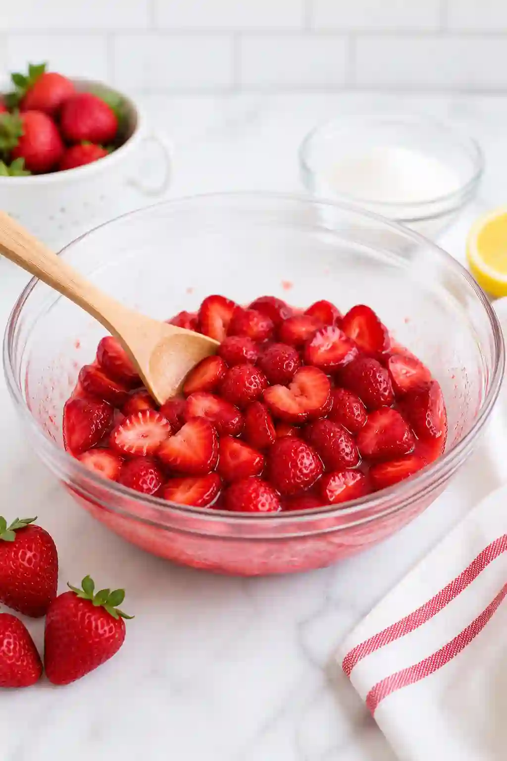Fresh strawberries mixed with sugar in a bowl creating syrup for strawberry shortcake filling