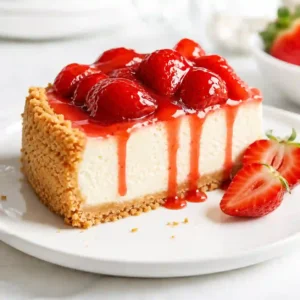 Creamy strawberry cheesecake slice on a white plate with glossy strawberry topping and graham cracker crust