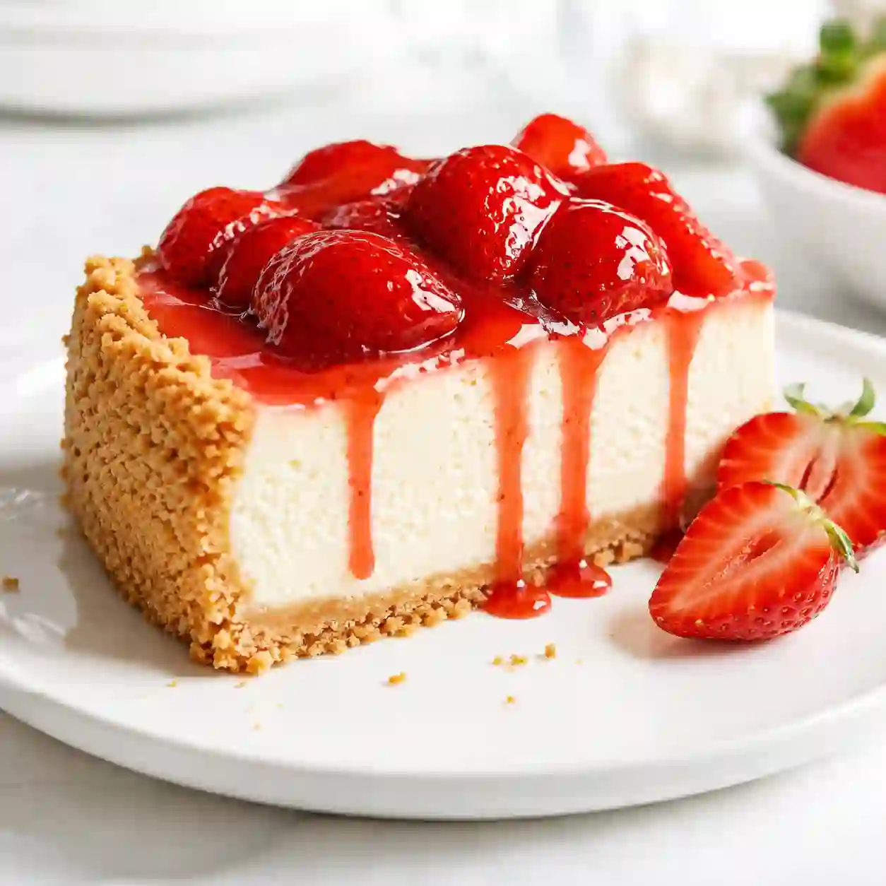 Creamy strawberry cheesecake slice on a white plate with glossy strawberry topping and graham cracker crust