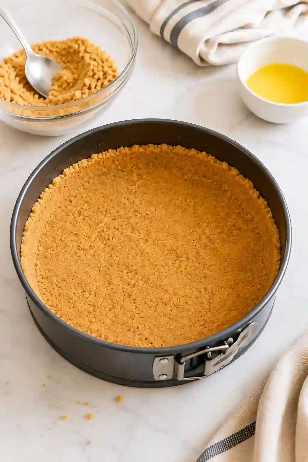 Springform pan with pressed biscuit crust for strawberry cheesecake on a bright kitchen countertop