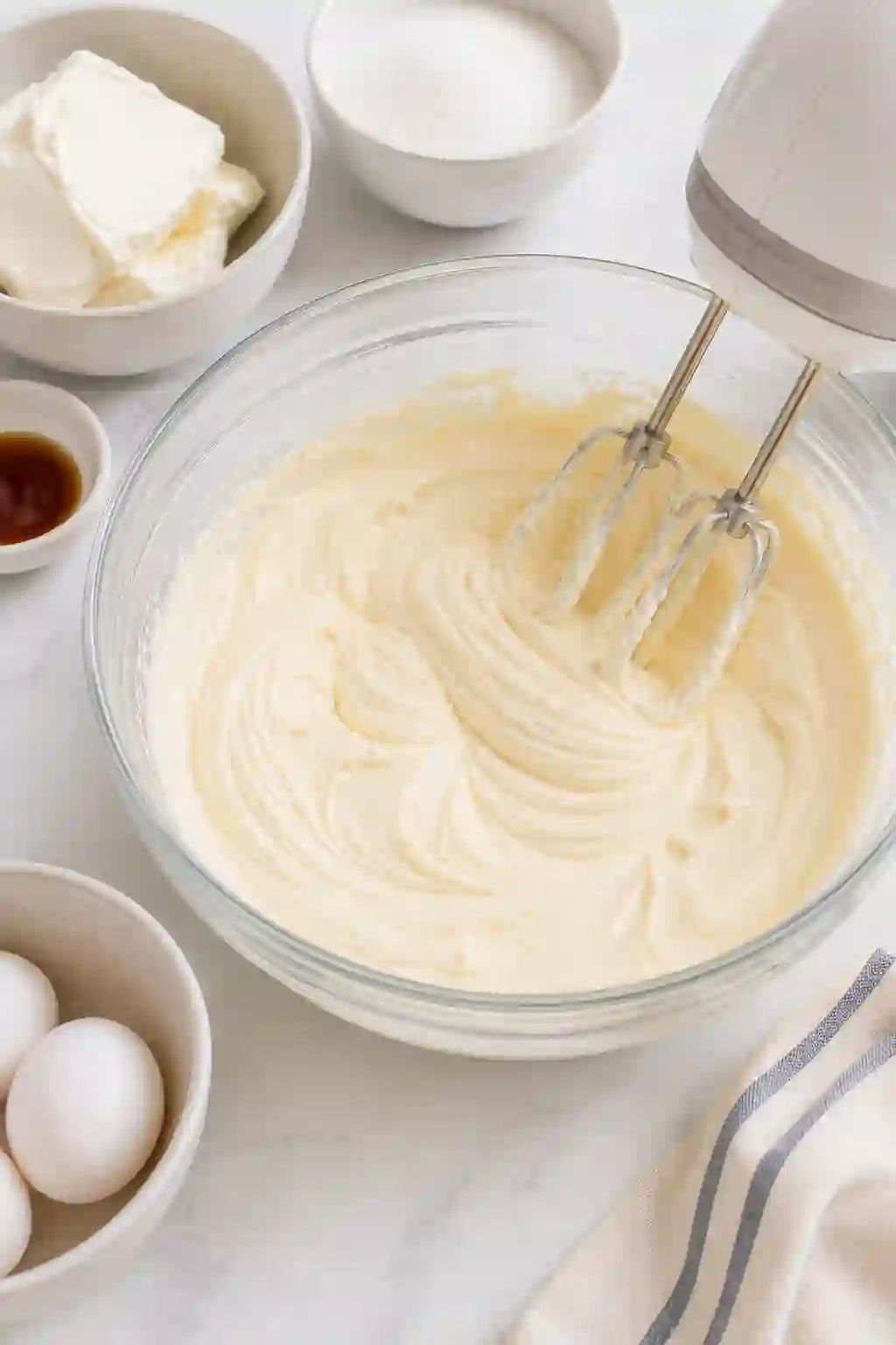 Creamy cheesecake filling being mixed in a glass bowl with cream cheese, eggs, and baking ingredients on a bright kitchen counter