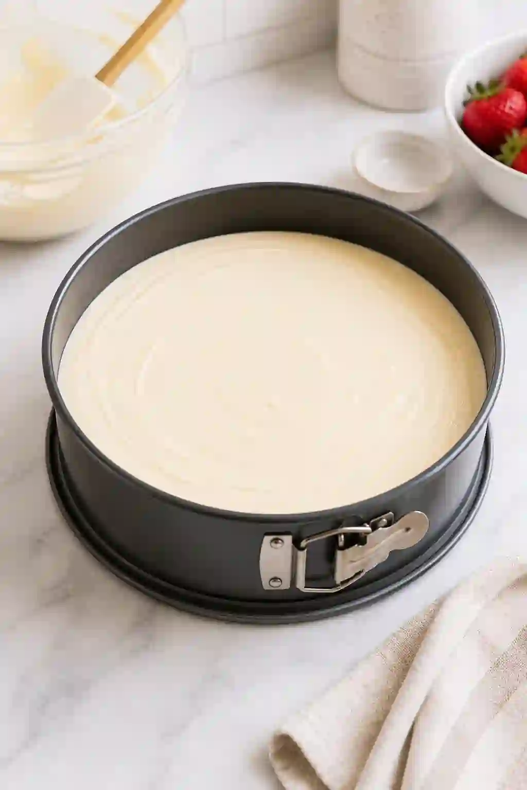 Springform pan filled with smooth cheesecake batter ready to bake on a bright kitchen countertop