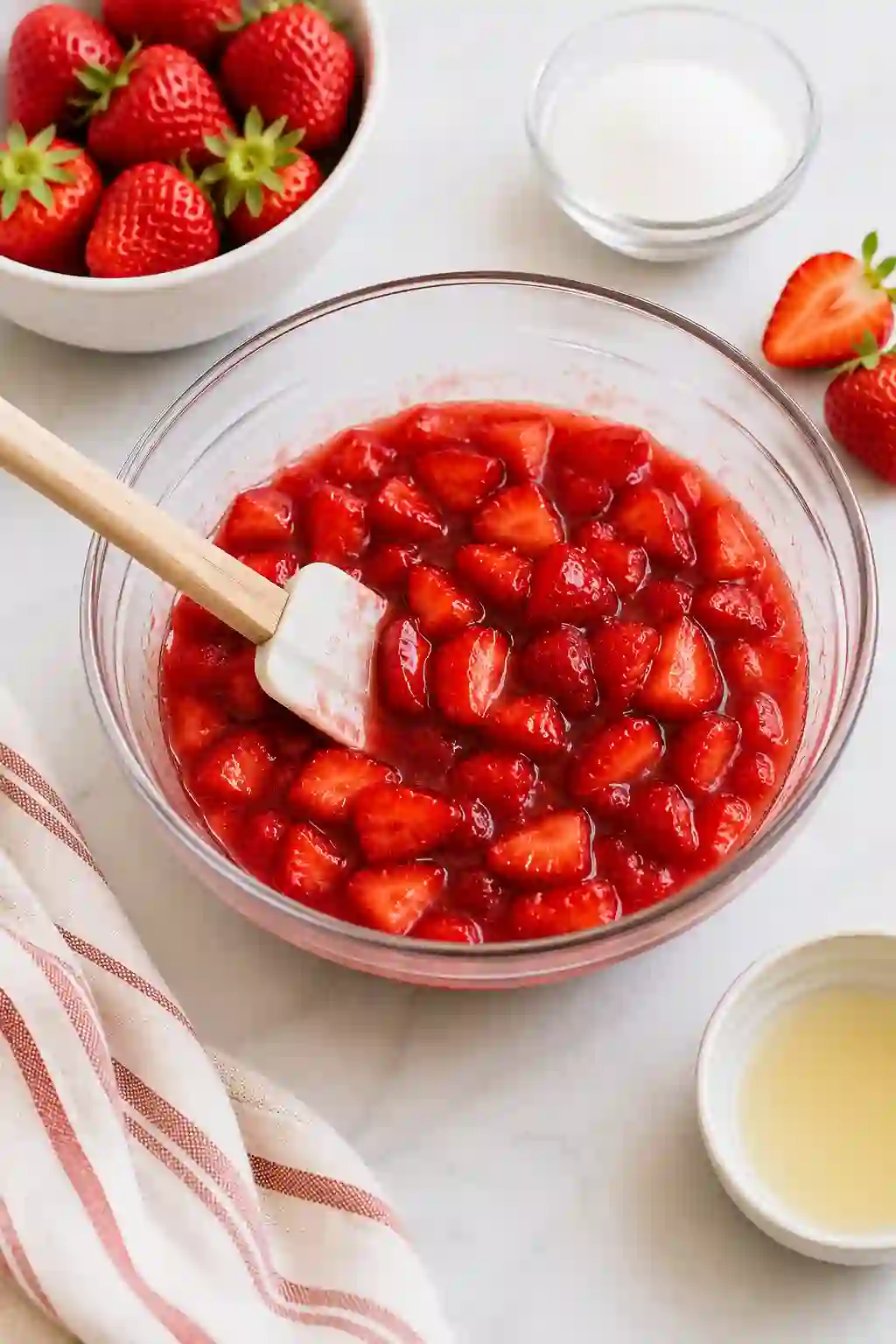 Homemade strawberry topping in a glass bowl with fresh strawberries on a bright kitchen countertop