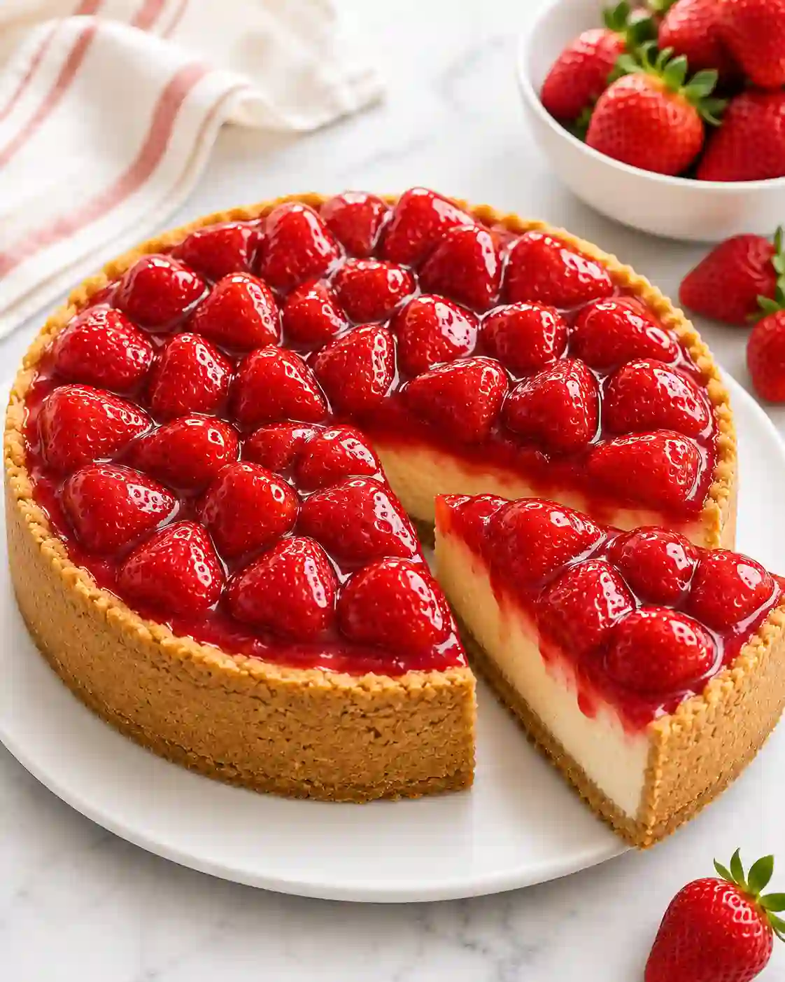 Strawberry cheesecake on a white plate with glossy strawberry topping and a sliced piece ready after final chilling