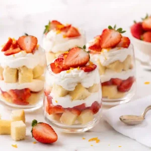 Strawberry shortcake parfaits in clear dessert glasses with whipped cream, fresh strawberries, pound cake cubes, and orange zest