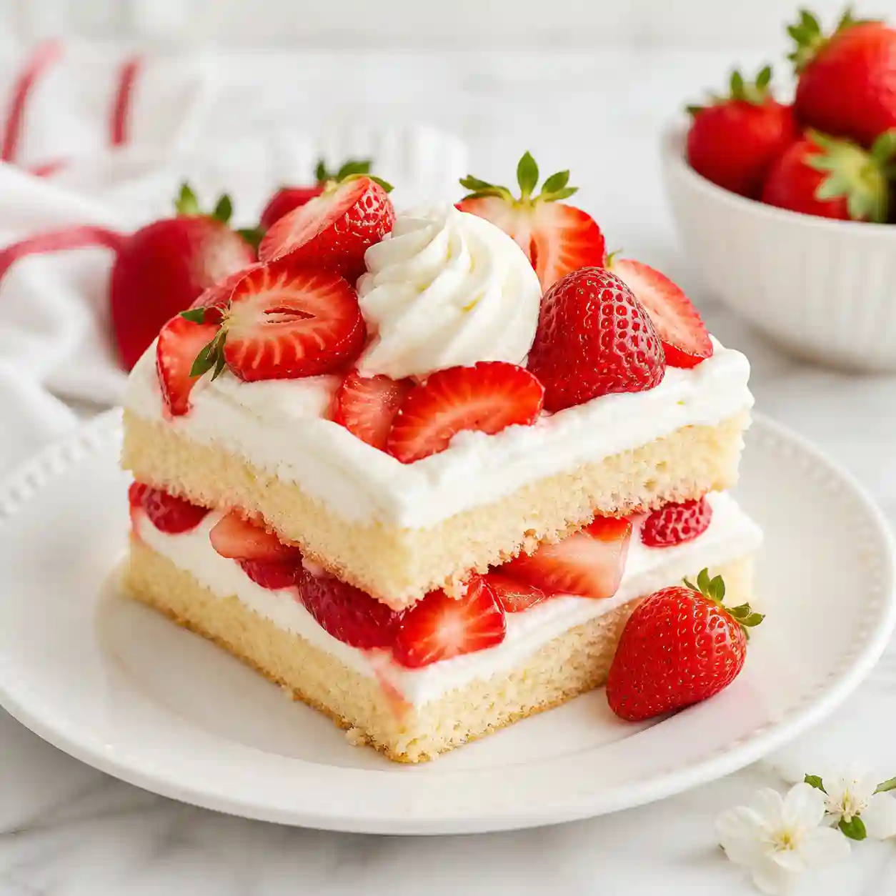 Strawberry shortcake recipe served on a white plate with fresh strawberries and whipped cream layers
